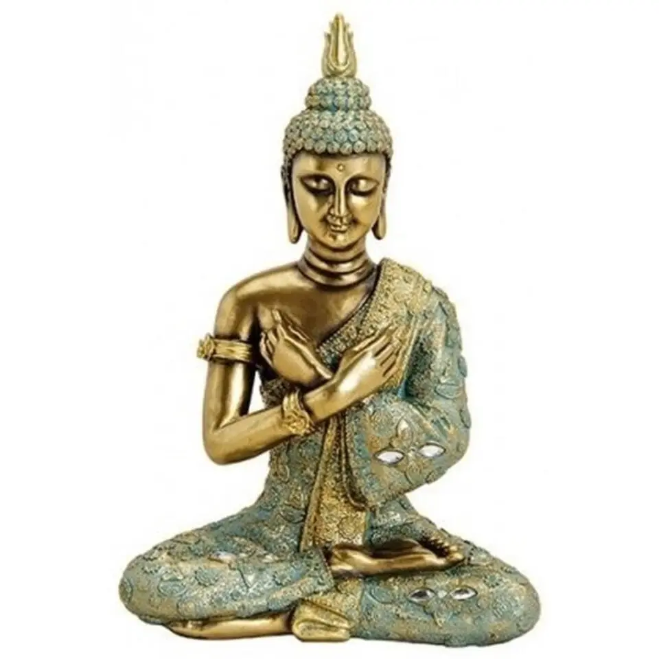 Boeddha beeldje - zittend - goud/groen - tuin en woondecoratie - 33 cm