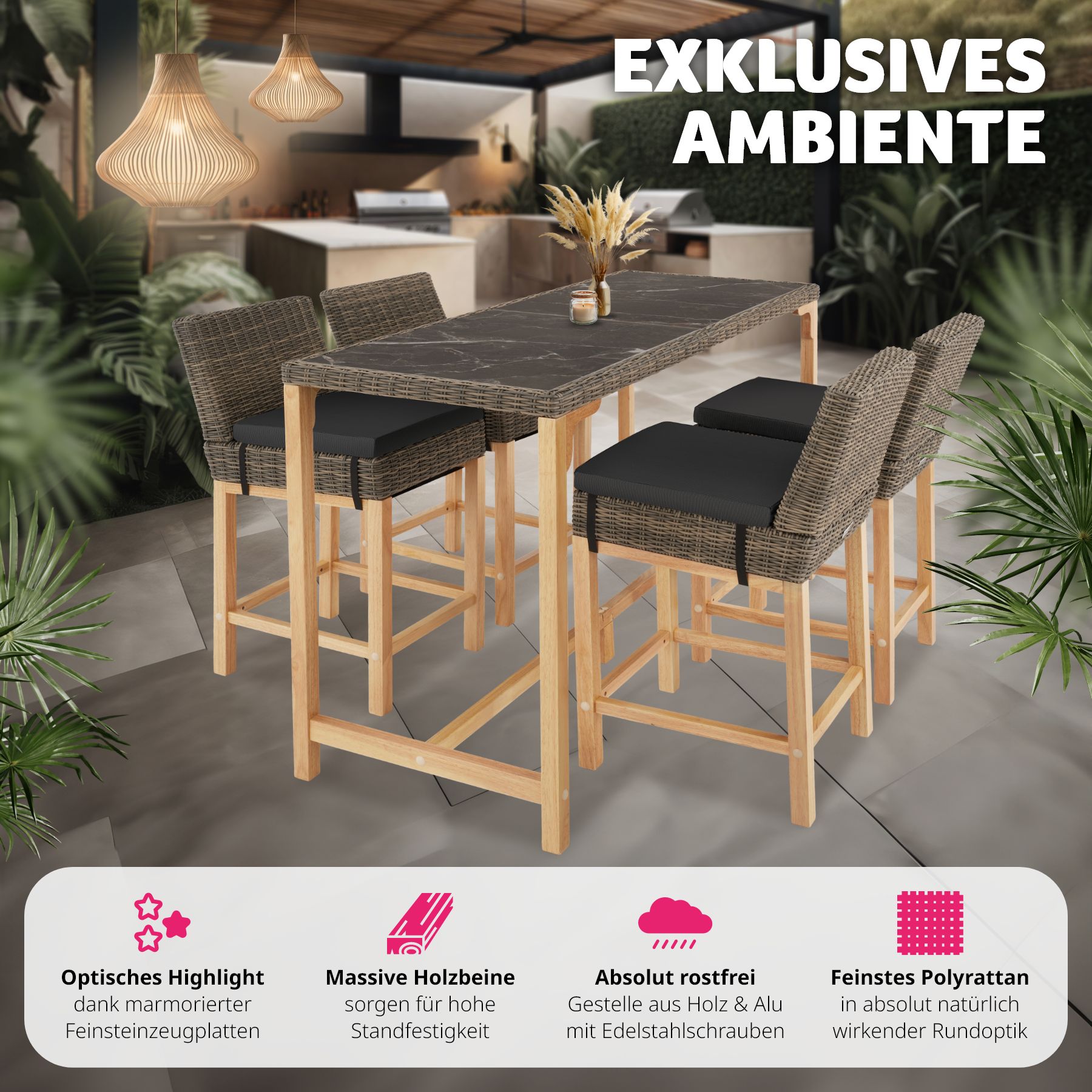 tectake® Rattan Tisch Lovas mit 4 Stühlen Latina, mit Aluminiumgestellen, wetterfest und UV-beständig, Beine aus Holz