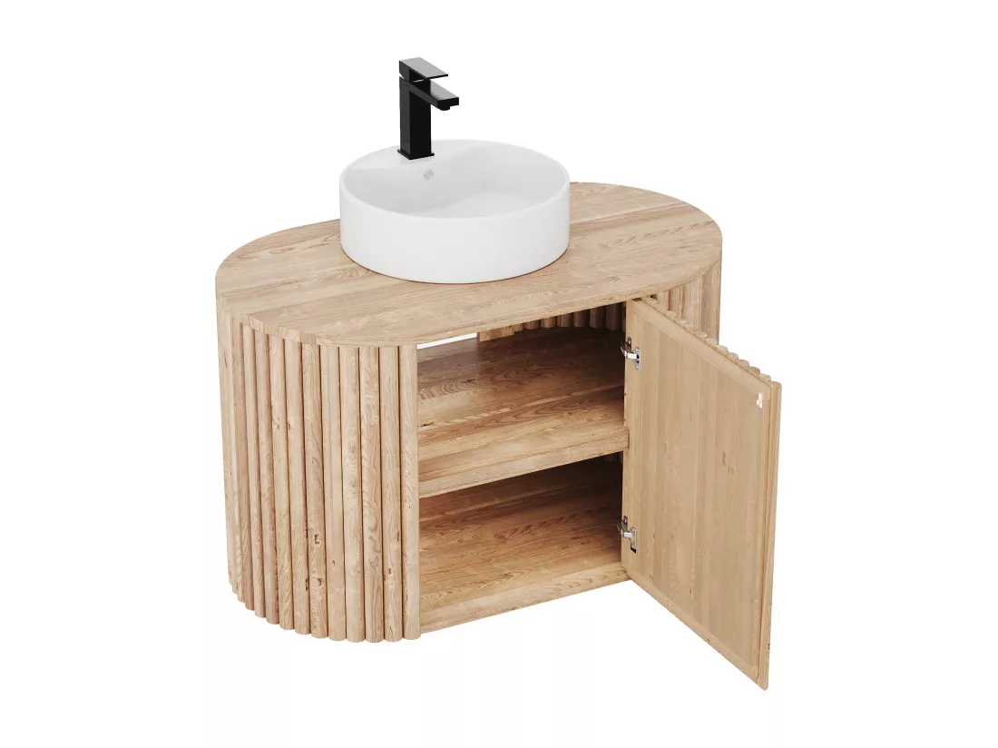 Meuble de salle de bain suspendu en teck avec vasque ronde - 90 cm - TOWARI