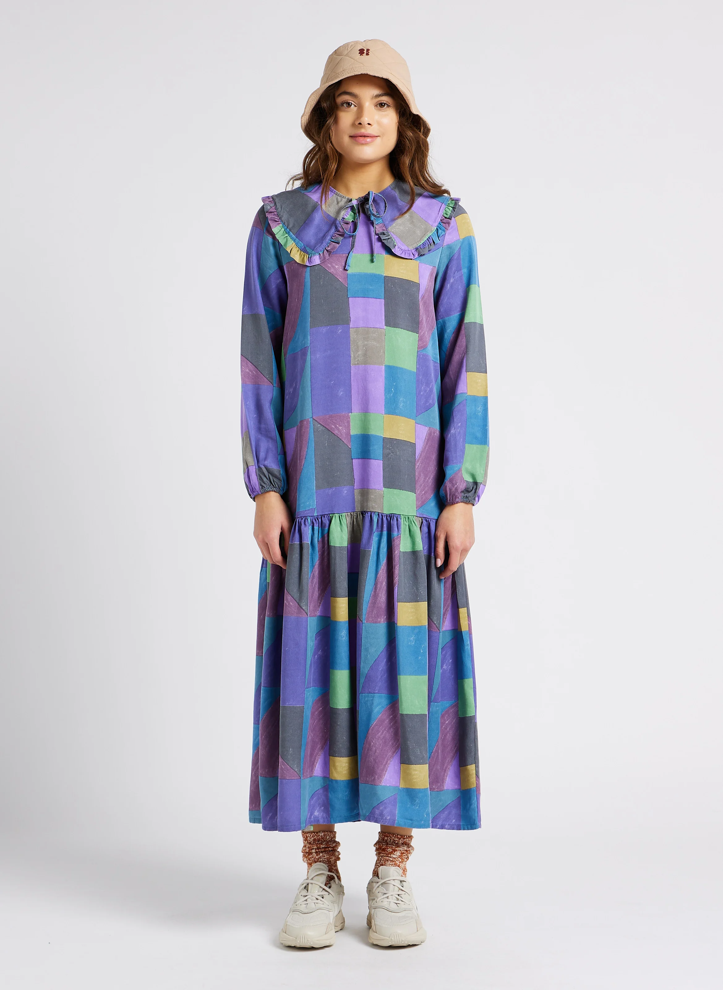 Robe longue col claudine à carreaux| Multicolore