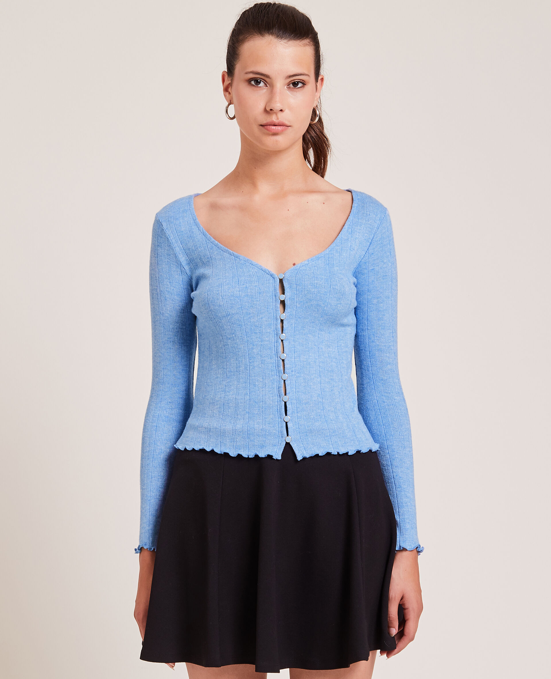Top boutonné en maille côtelée - Bleu électrique