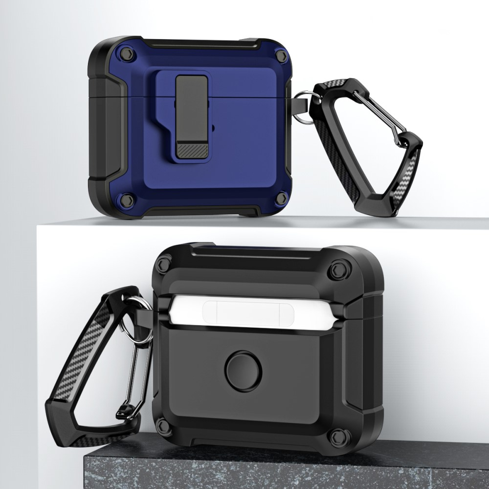 AirPods (3. Generation) Hybrid Hardcase Schutzhülle mit Verschluss   Karabinerhaken - Schwarz / Blau