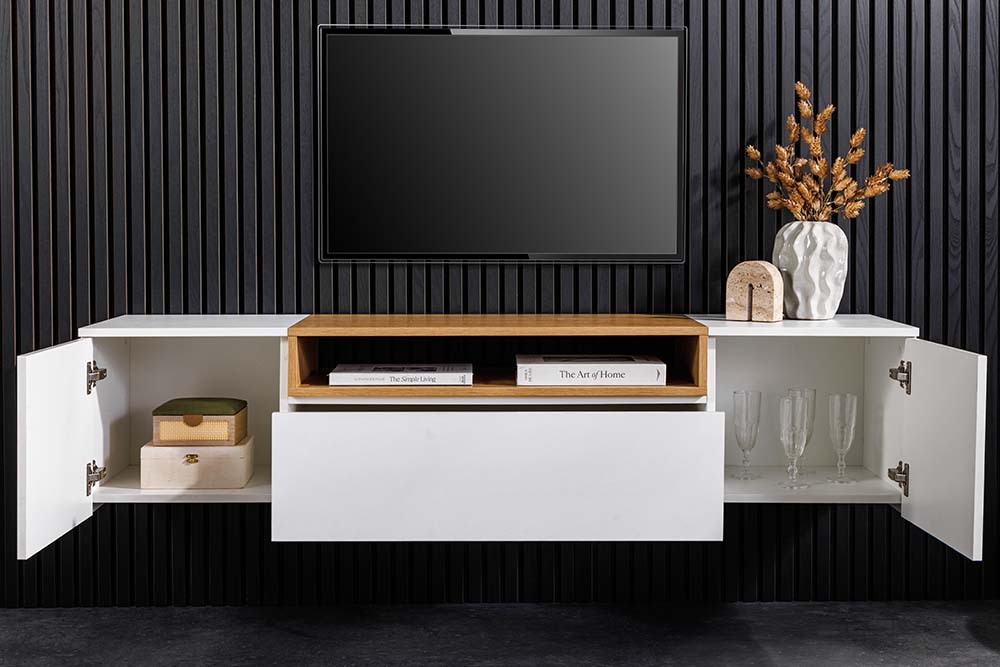 Hängendes TV-Board LOFT 160cm weiß natur drei Fächer mit Schublade