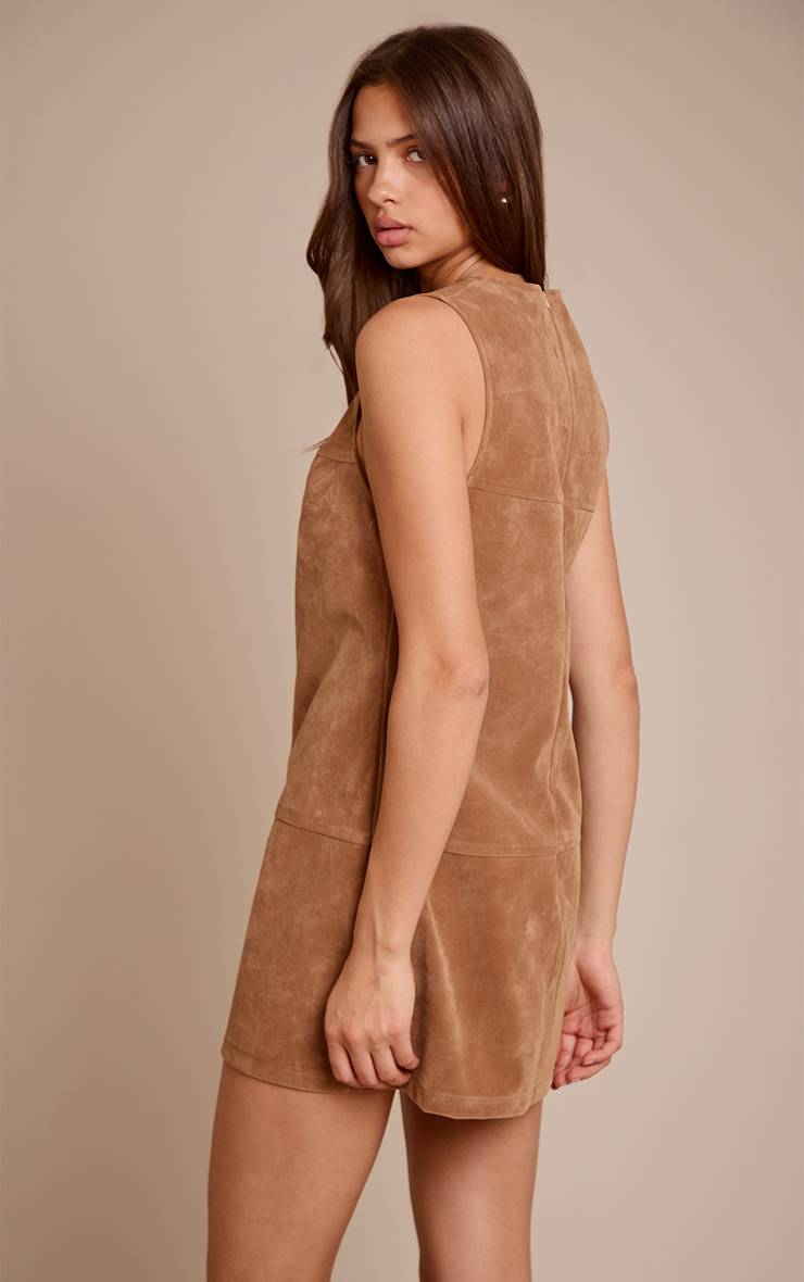 Marron Robe Droite Sans Manches En Faux Suède Structuré Avec Détails De Coutures