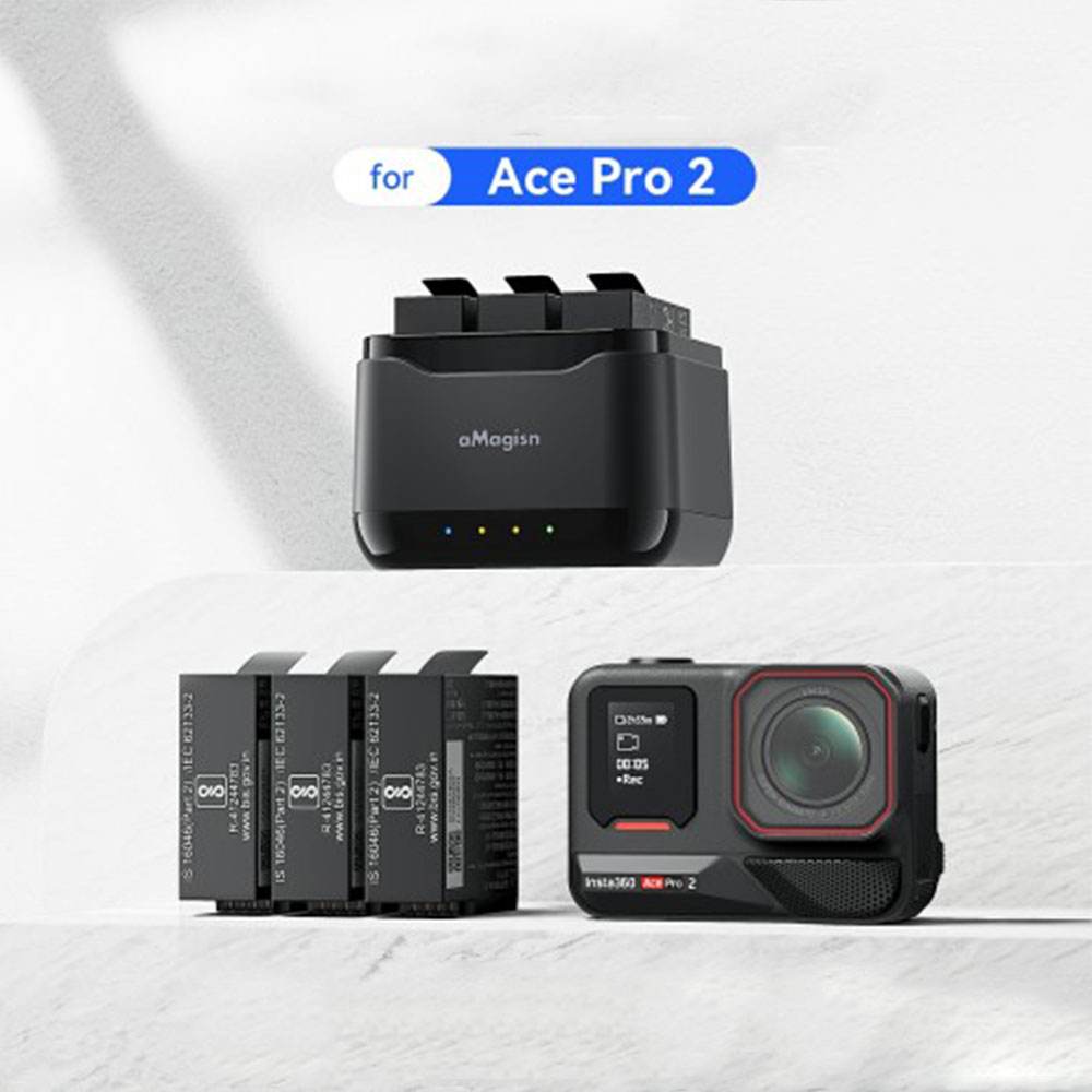 Insta360 Ace Pro 2 Ladegerät 3-fach Ersatz Akku Ladestation Charger inkl. microSD Aufbewahrungsbox und LED Anzeige - Schwarz