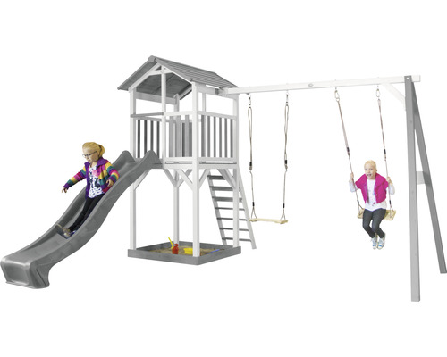 axi Beach Tower speeltoren met dubbele schommel en glijbaan, grijs hout, grijs en wit