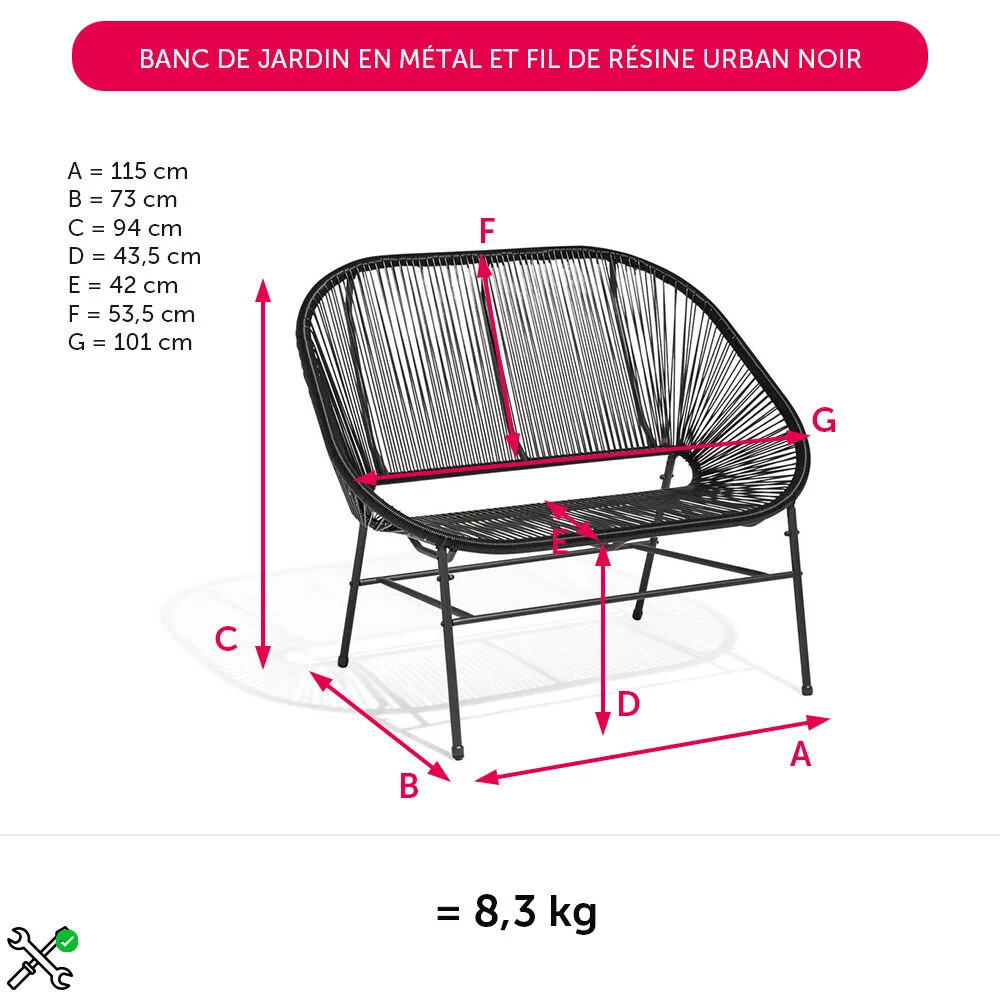 Banc de jardin en métal et fil de résine Urban noir