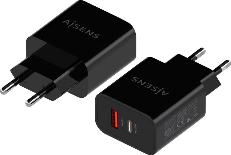 Aisens - CARGADOR 20W - USB-lader - Zwart - 1xUSB-C PD3.0 1xUSB-A QC3.0