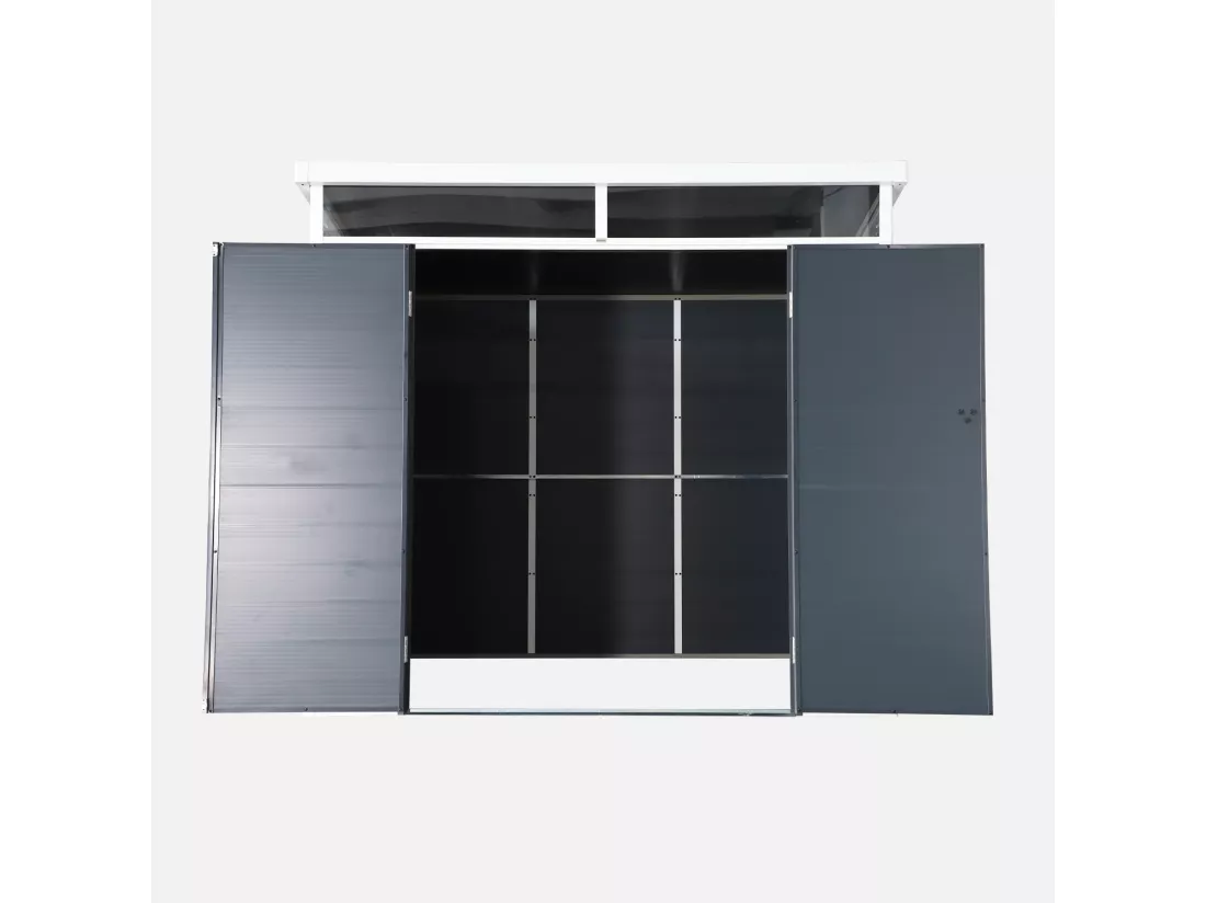 Abri de jardin plastique 4.55 m². anthracite. avec toiture monopente skylight. fenêtre et grande porte d'entrée. 238 x 190 x 215 cm