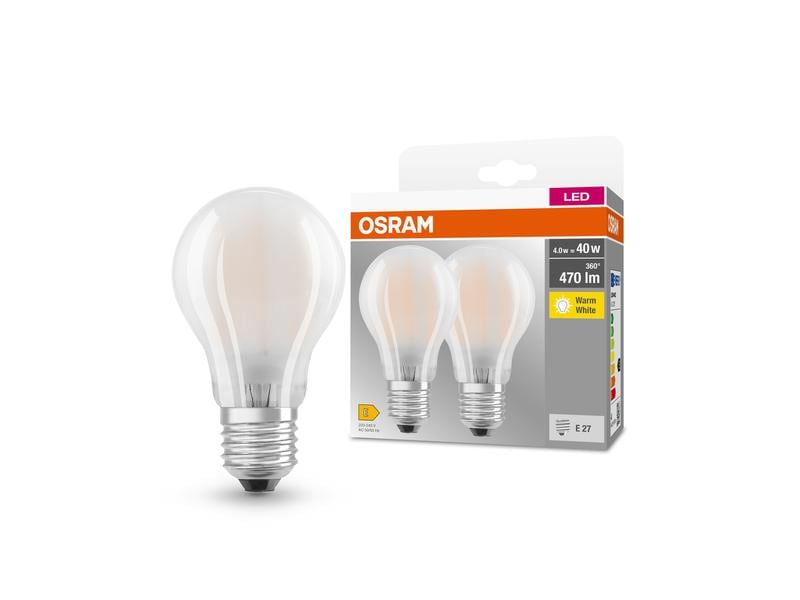 OSRAM Lampe LED BASE CLASSIC A 4W, E27, Warmweiss, 2 Stück LED-Lampen, klassische Kolbenform