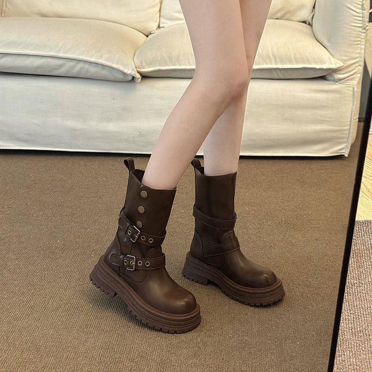 Vindler - Platform Plain Buckled Faux Leather Short Boots