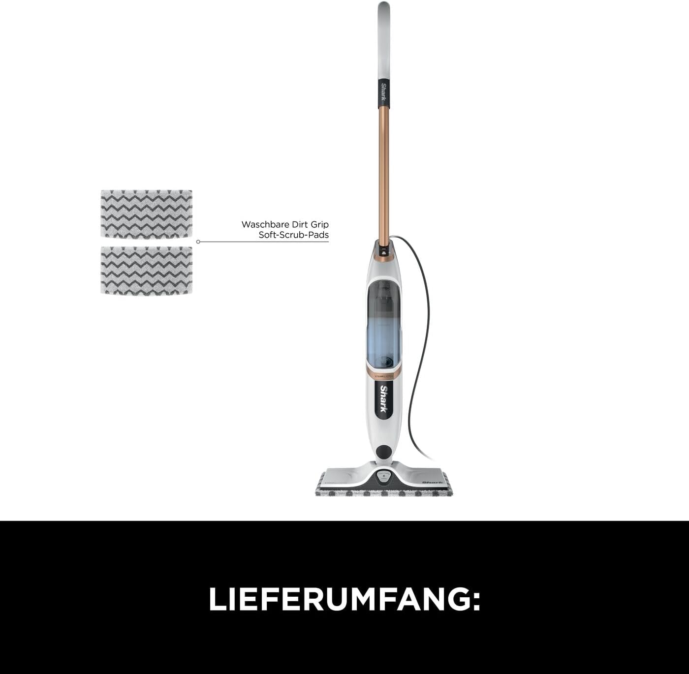 Shark SteamSpot mit Steam Blaster-Technologie für Hartböden, Leichter Dampfreiniger, chemiefreie Reinigung, Abnehmbarer Wassertank, 2 waschbare Dirt Grip Soft-Scrub-Pads, White & Poly Copper S2001EU