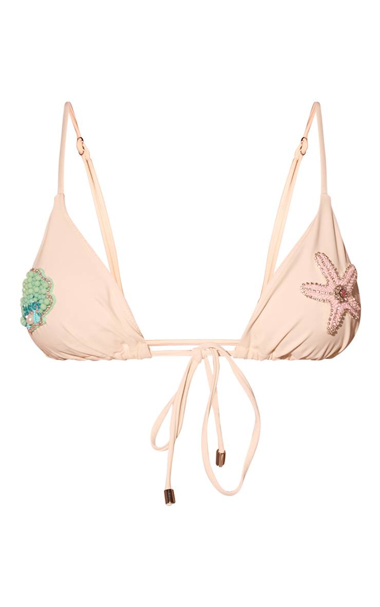 Crème Haut De Bikini Triangle À Badge Perlé