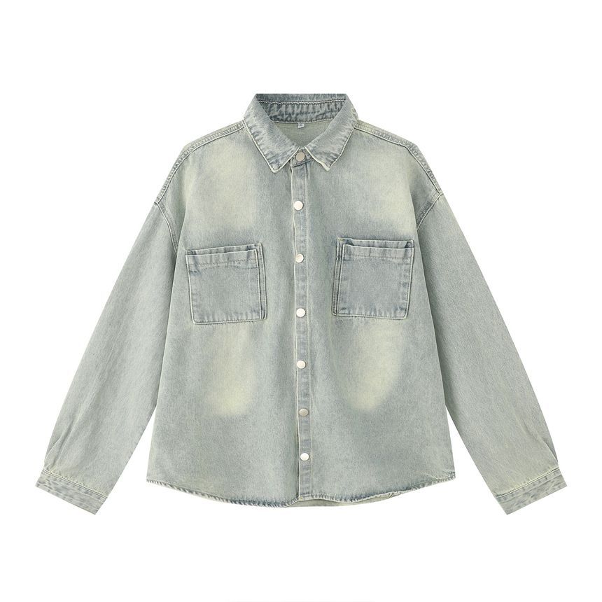 FAERIS - Denim jack met zakdetail en één rij knopen / Mid rise gewassen wijde jeans