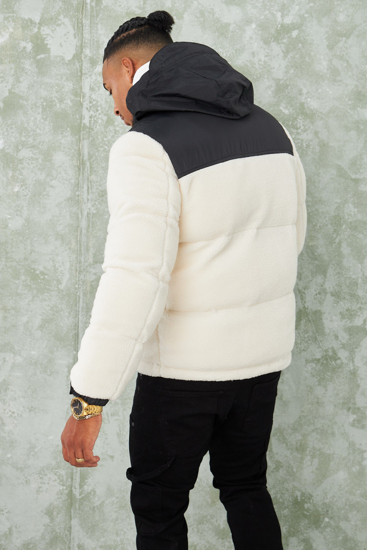 Parka teddy noir en peau de mouton beige