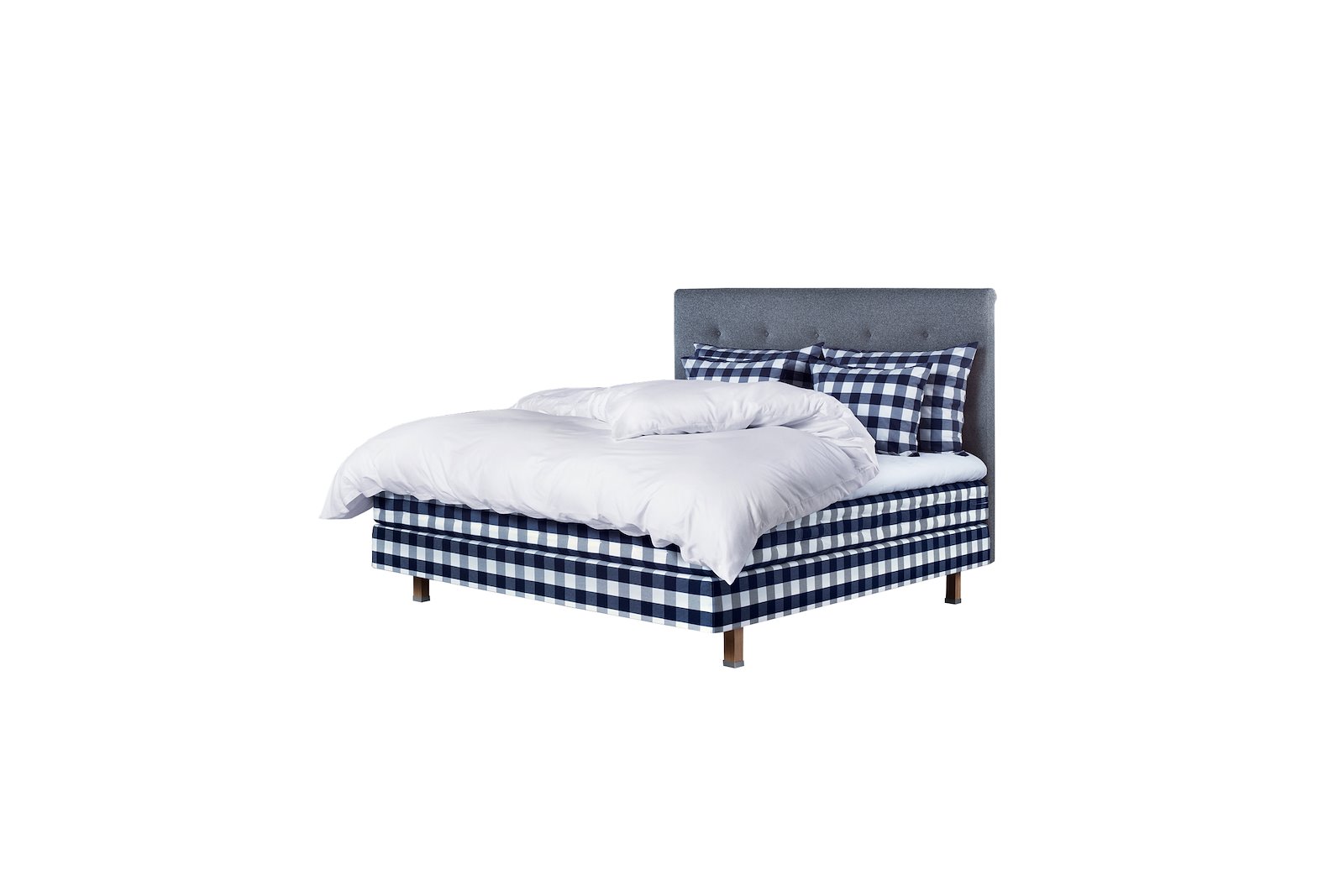Maranga kontinentalseng 160x200 cm Tekstil Blue check. Fast fasthetsgrad på madrassen. BJX overmadrass. Helmadrass, delt ramme, 16 cm firkantet oljet eik ben med støtteben. gavl selges separate