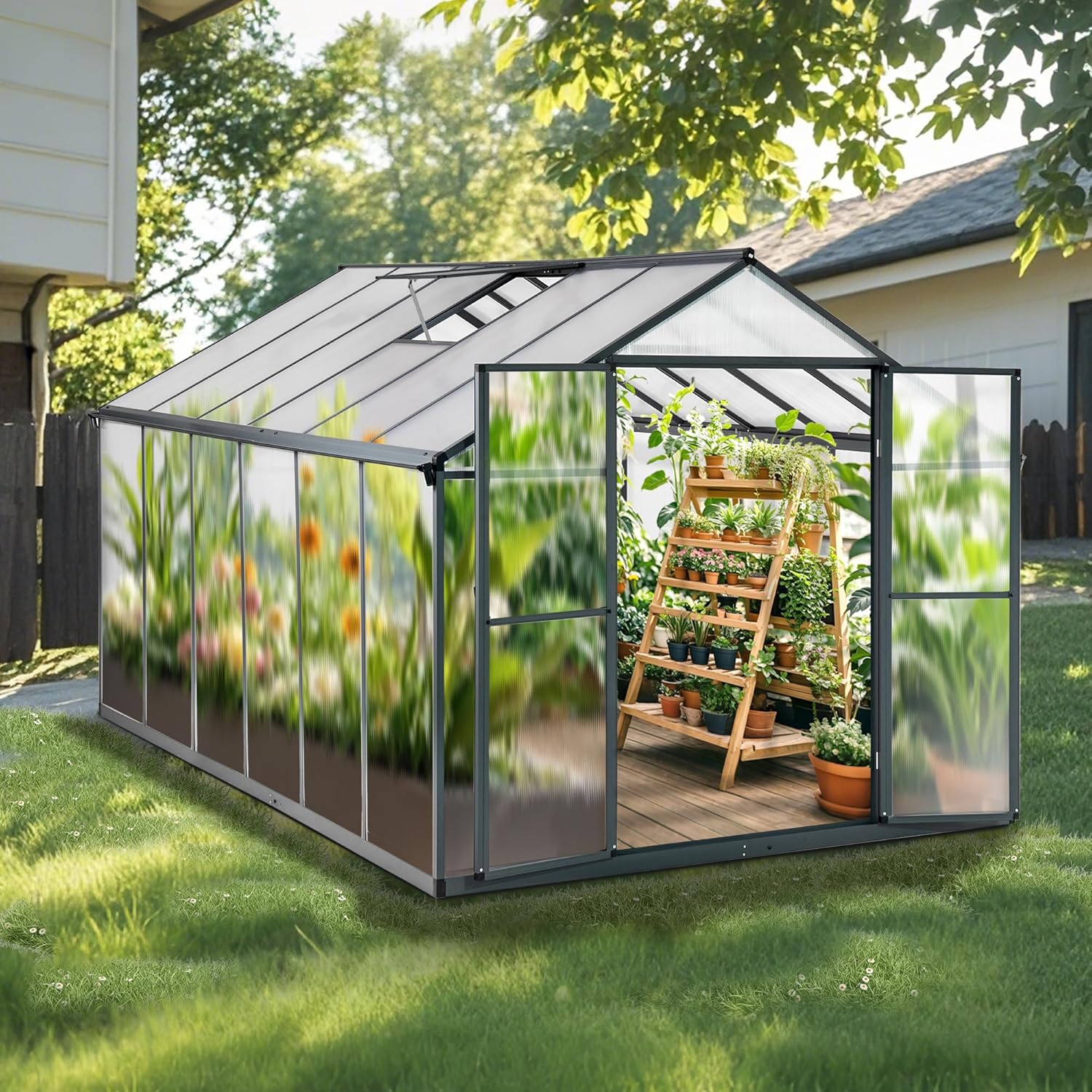 Gewächshaus Aluminium für den Garten |Mit 8 cm dickeres Fundament| 361*238*210 cm | Vielseitig nutzbar als Treibhaus Gartenhaus Winterfest Aufzucht Tomatenhaus Frühbeet und Pflanzenhaus Grau