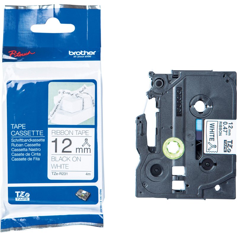 Ruban tissu Brother 12 mm TZE R231 blanc écriture noire