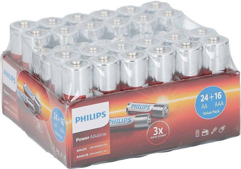 Philips Power Alkaline Batterijen - voordeelpak 40 stuks - 24x AA - 16x AAA