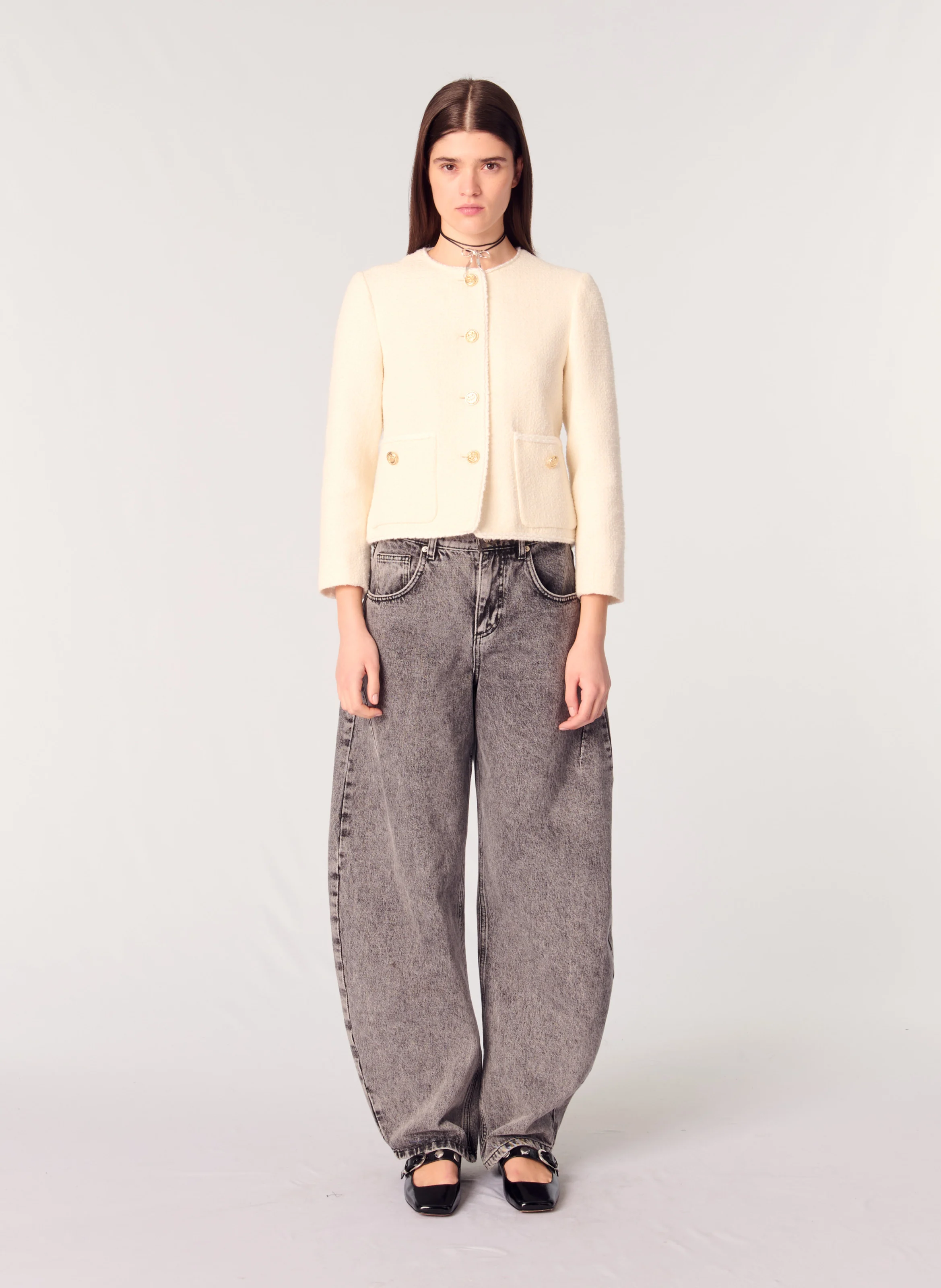 Veste col rond ceinturée| Beige