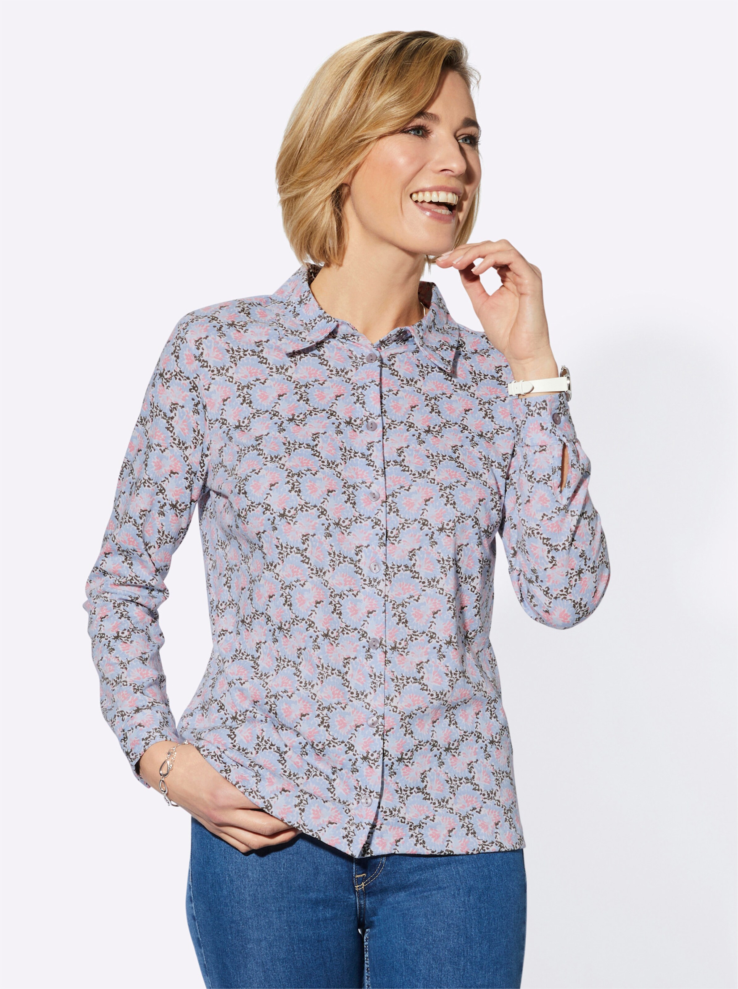 Jersey-Bluse in ecru-bleu-bedruckt