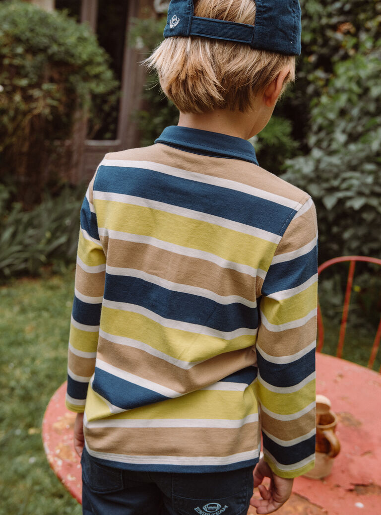 Polo bleu marine, beige et vert à imprimé à rayures