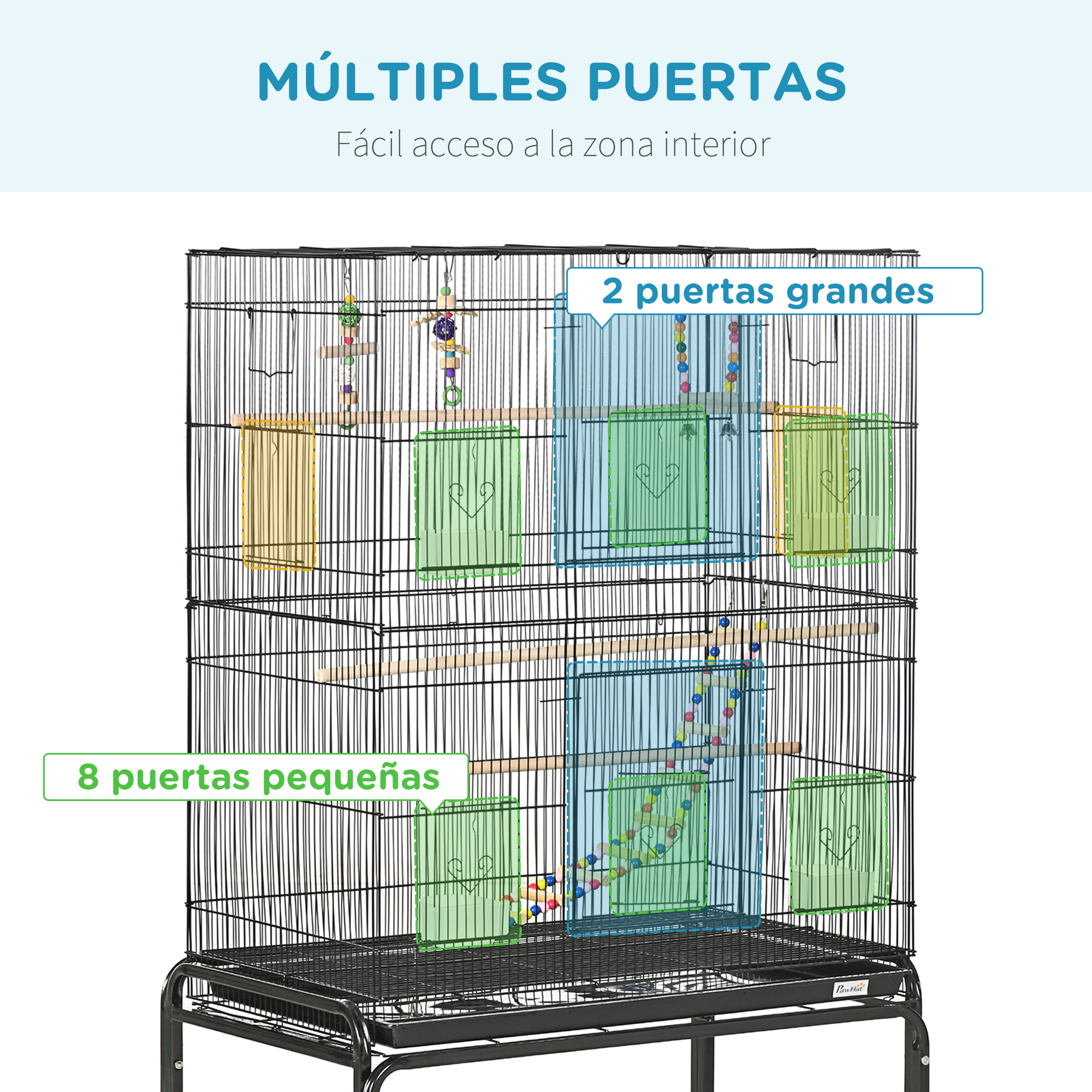 Gaiola para pássaros PawHut com rodas, 79x49x133 cm, em metal, grande, com suporte, 4 comedouros, 3 poleiros, brinquedos, bandeja removível e prateleira para canários e periquitos, preta.