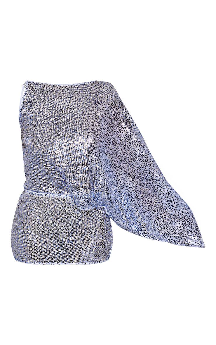 Icy Blue Robe Mini Ajustée À Sequins Semi-transparents Bleus Avec Manche Chauve-souris Asymétrique