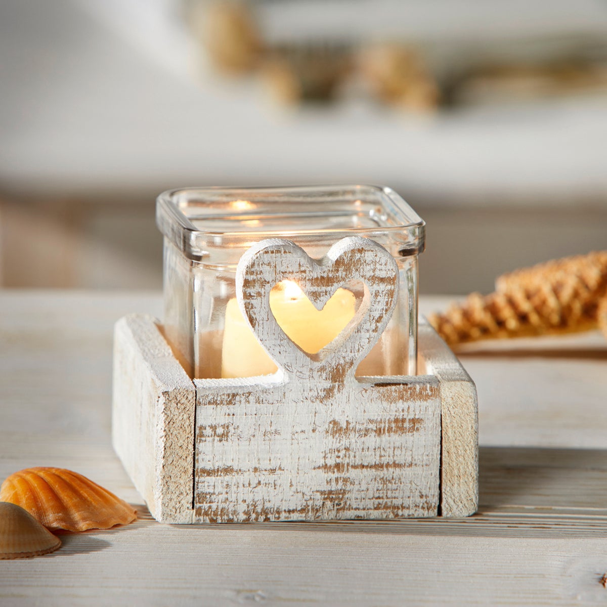 FRANK FLECHTWAREN | Theelichthouder met wit hart, 10 x 10 x 8,5 cm, HOUT, GLAS