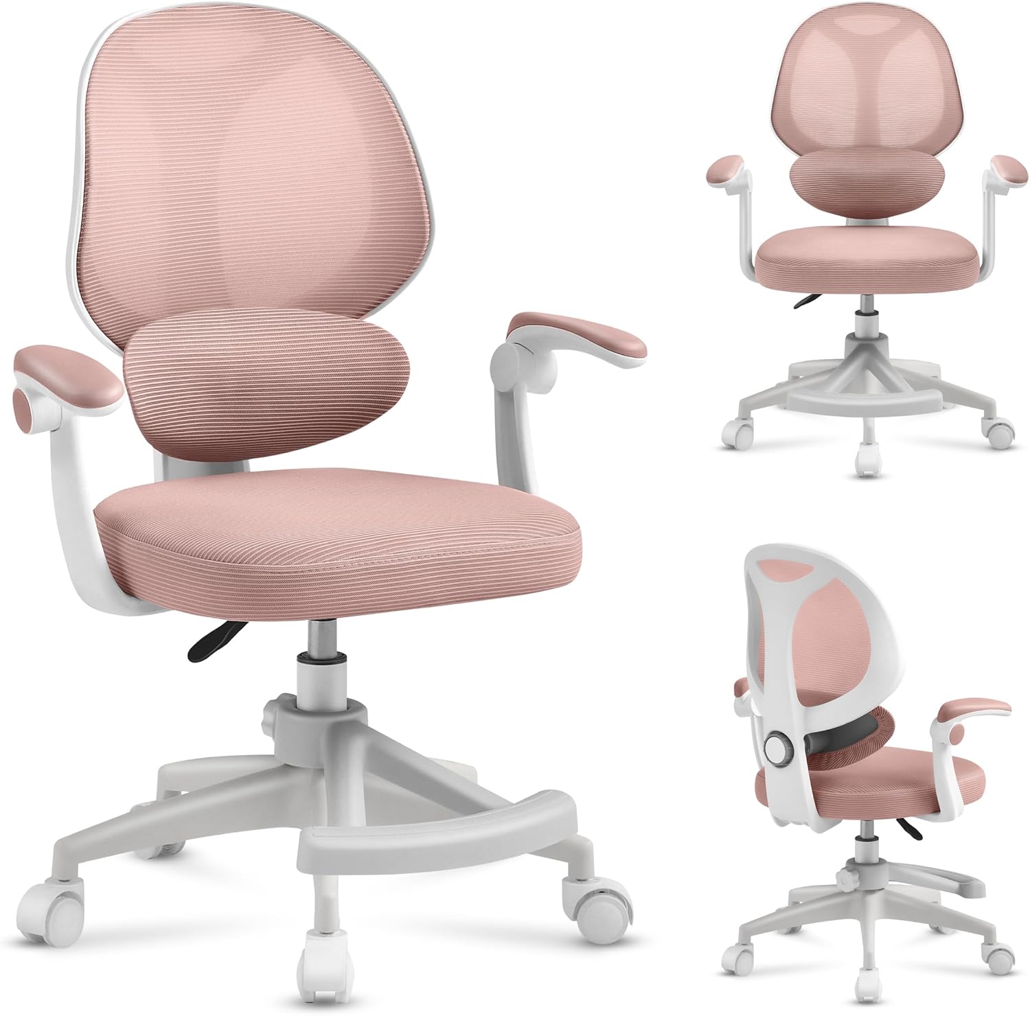 MARK ADLER Junior 4.5 | Ergonomischer Drehstuhl für Kinder & Jugendliche | Höhenverstellbar | Lordosenstütze | Klappbare Armlehnen | Schwerkraftrollen | Fußstütze | 360° Drehung | Rosa