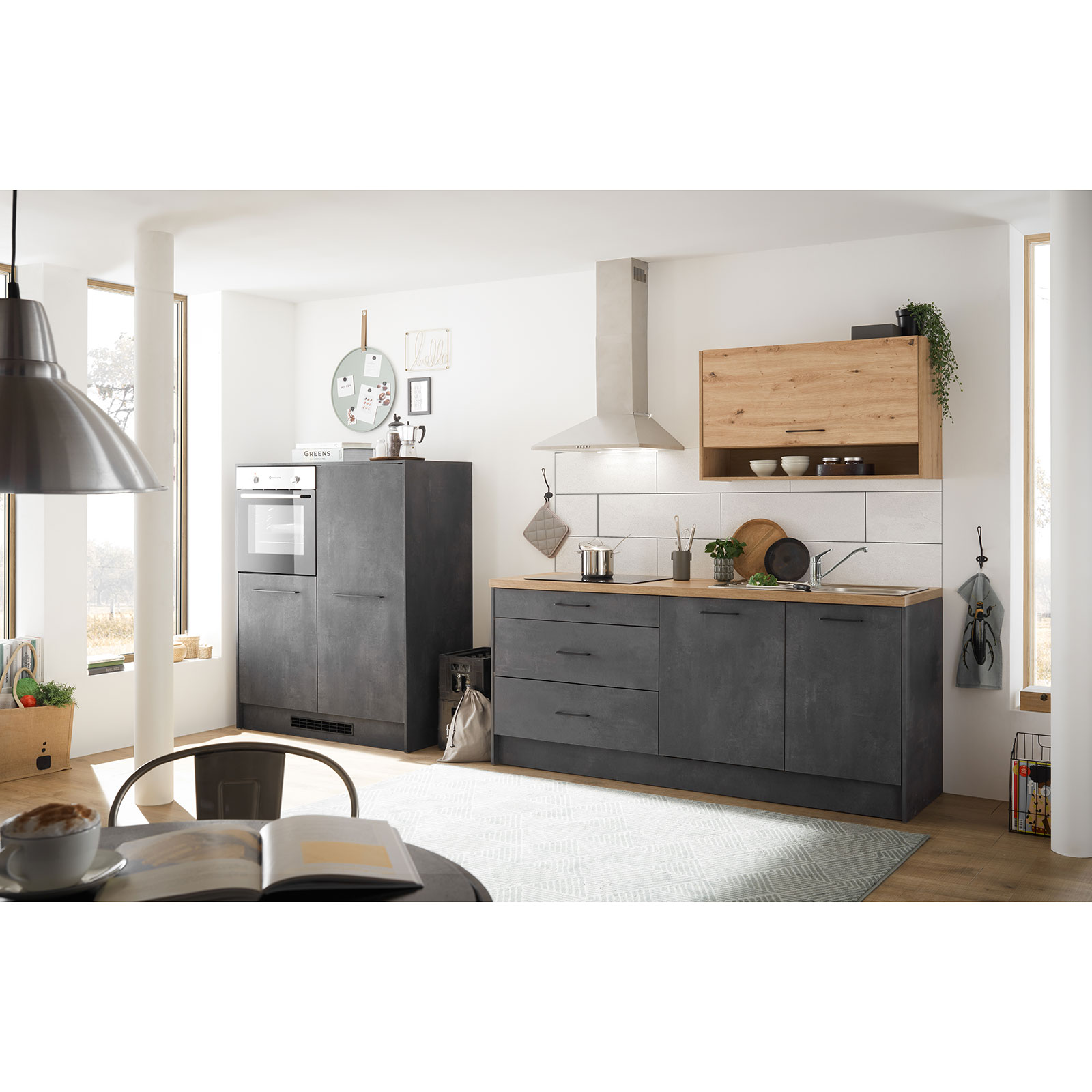 Küchenzeile - Kiruna Beton - Artisan Eiche - mit E-Geräten - 230+123 cm
