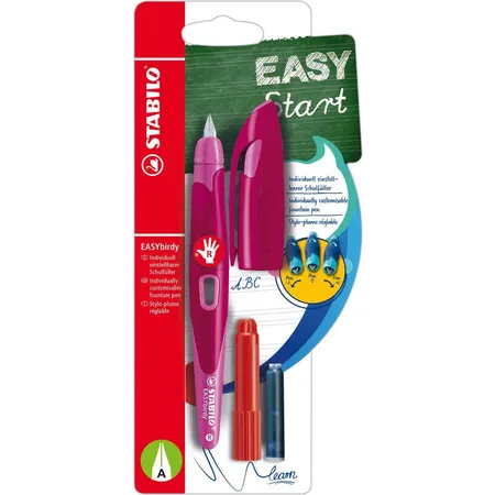Ergonomischer Schulfüller für Rechtshänder mit Anfänger-Feder A - STABILO EASYbirdy in beere/pink - Einzelstift - inklusive Patrone und Einstellwerkzeug - Schreibfarbe blau (löschbar)