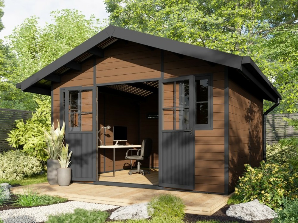 Abri de jardin bois composite braga - 16m2 brun - epaisseur des murs : 28 mm - aluminium - anti uv et intemperies