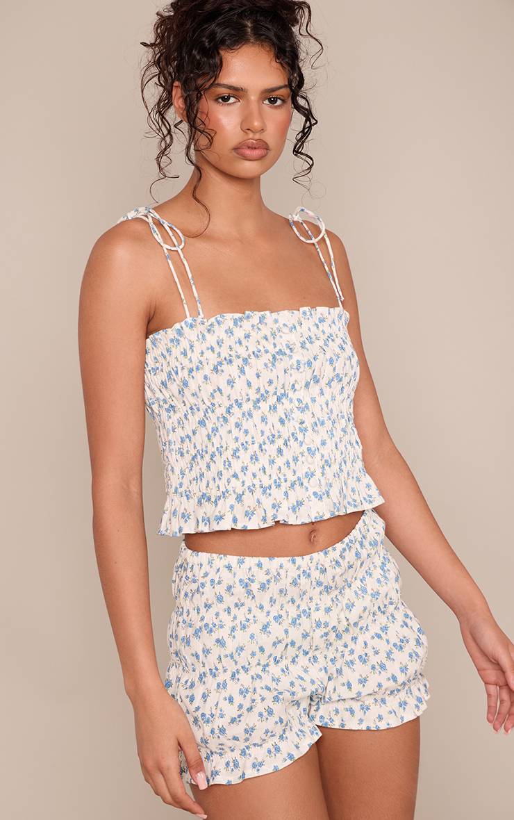 Bleu Layette Short Froncé En Coton À Imprimé Fleuri Ditsy Coordonné