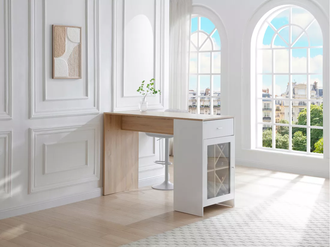 Meuble de bar avec rangements - Blanc et naturel - NIRAYA