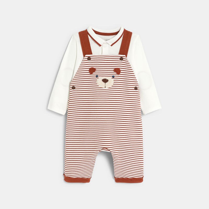 Salopette fantaisie rayée ourson et body marron bébé garçon Marron