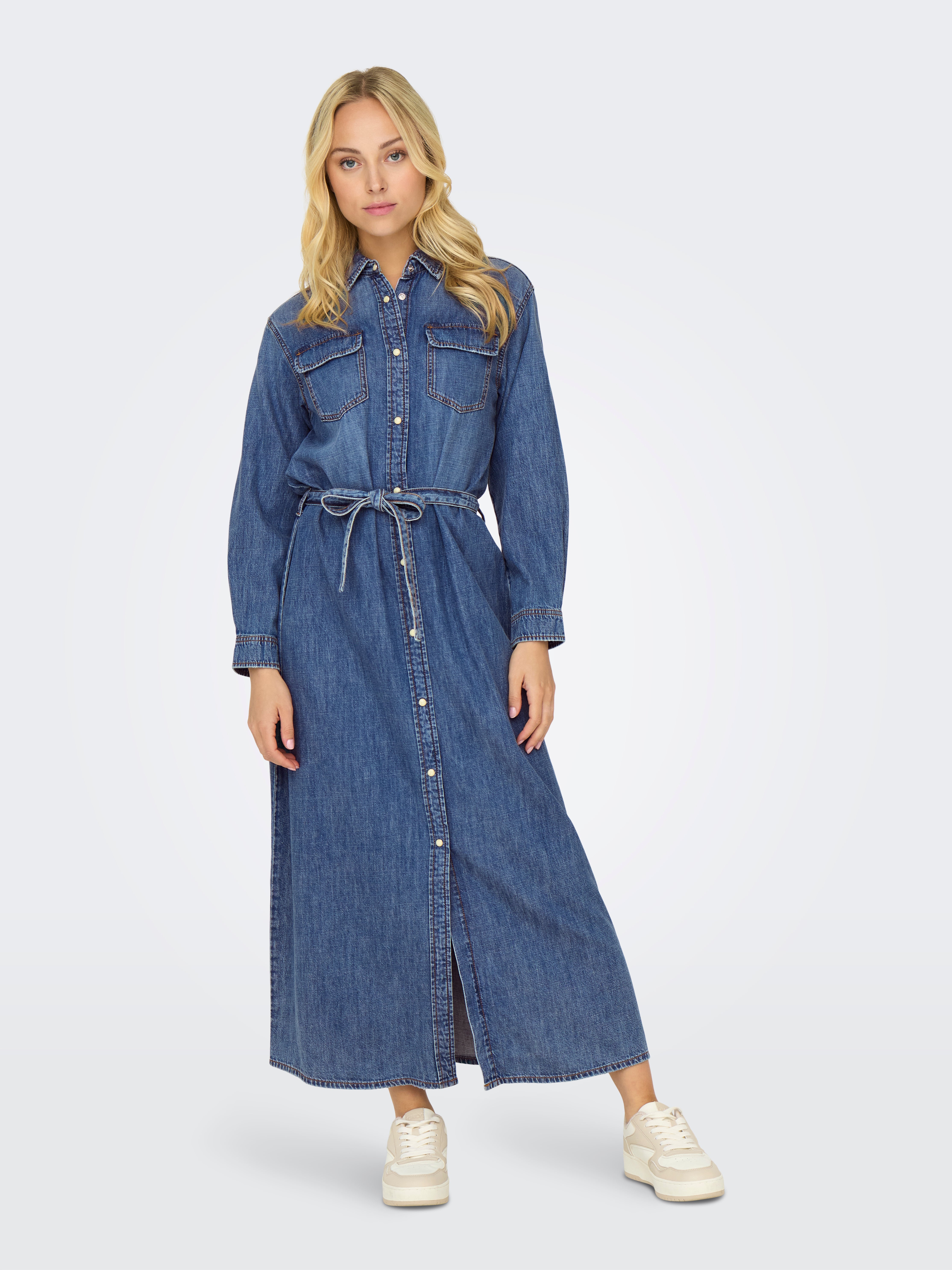 ONLTRUDY Langes Kleid Medium Blue Denim
