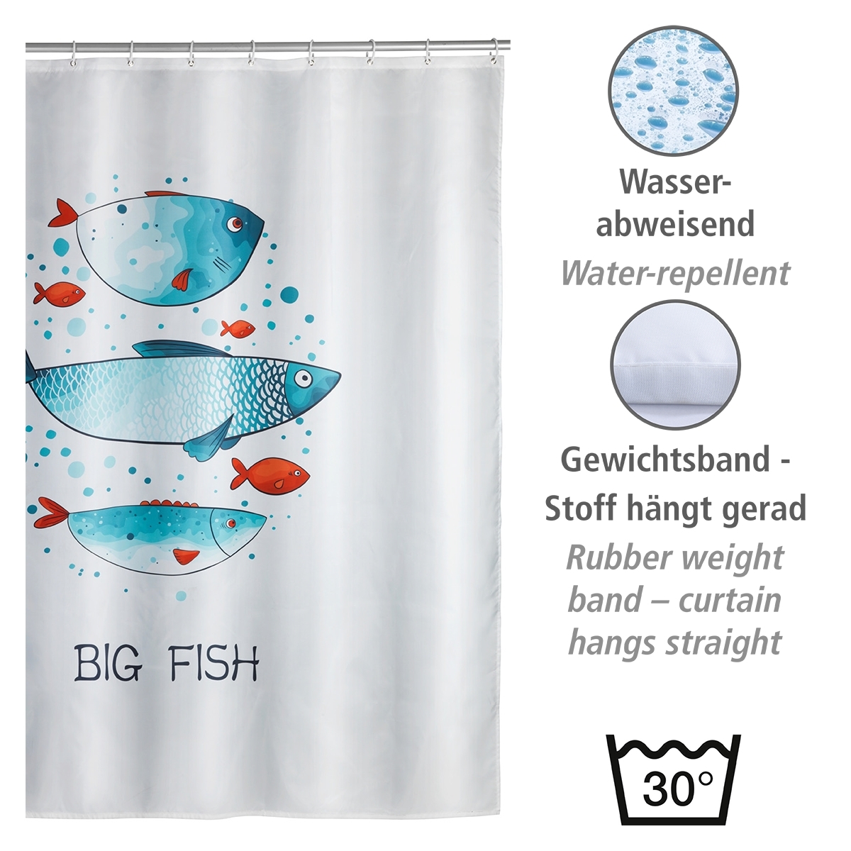 Wenko douchegordijn 180x200cm Big Fish inclusief ringen
