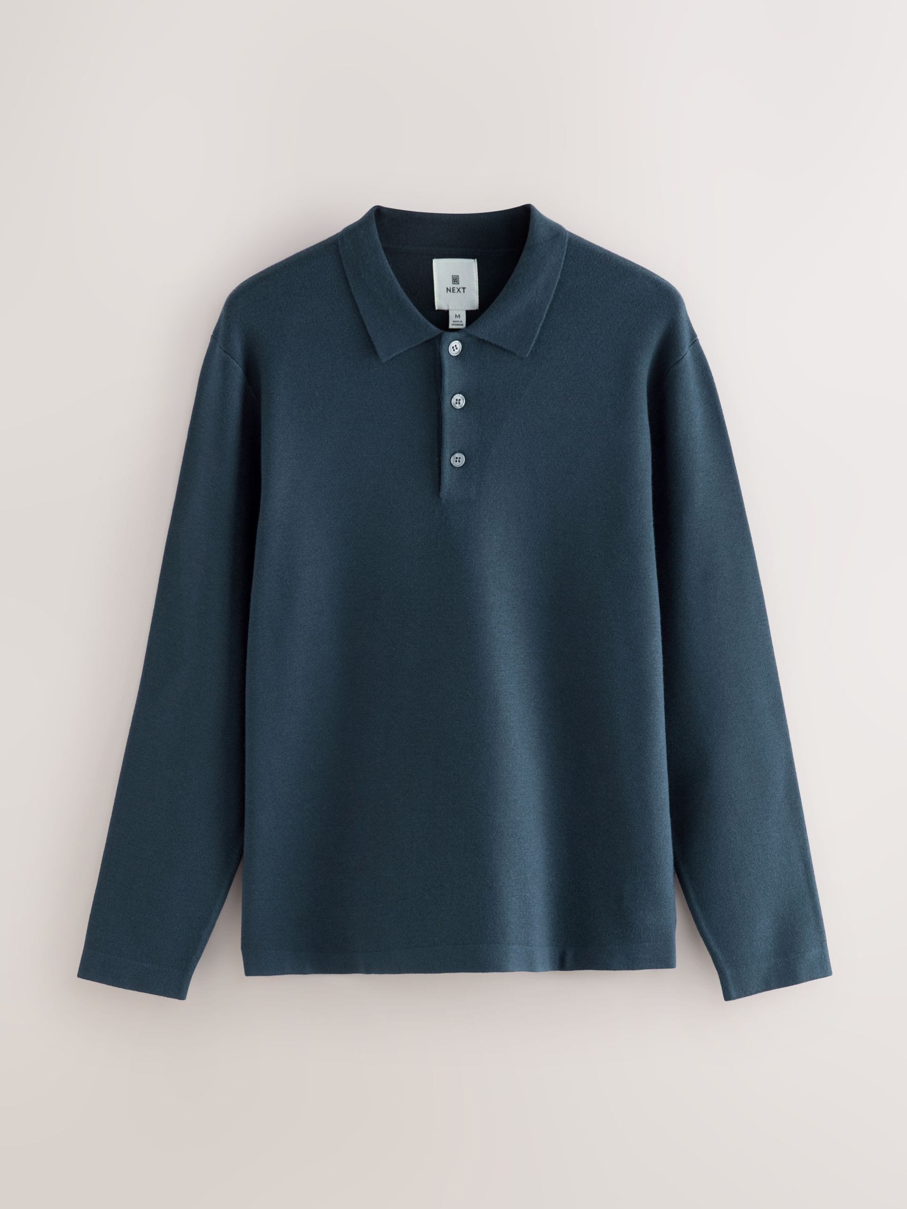 Blauw - Knopen bij de hals - Regular Fit Premium Mid Weight Long Sleeve Knit Polo Shirt