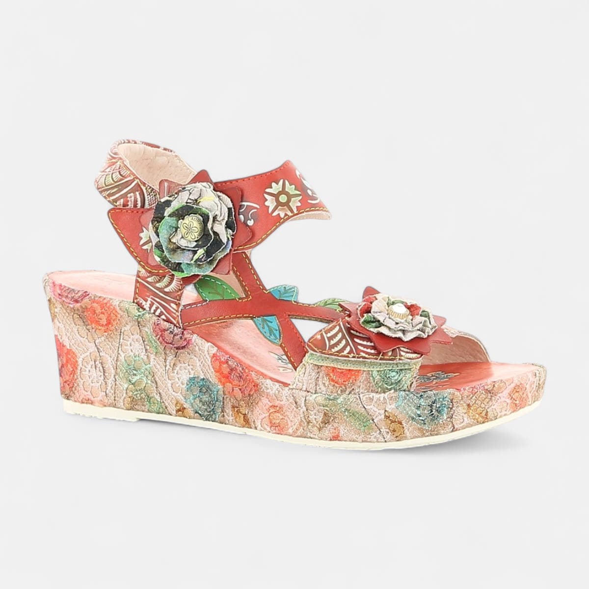 Sandales à talon compensé Femme en cuir rouge