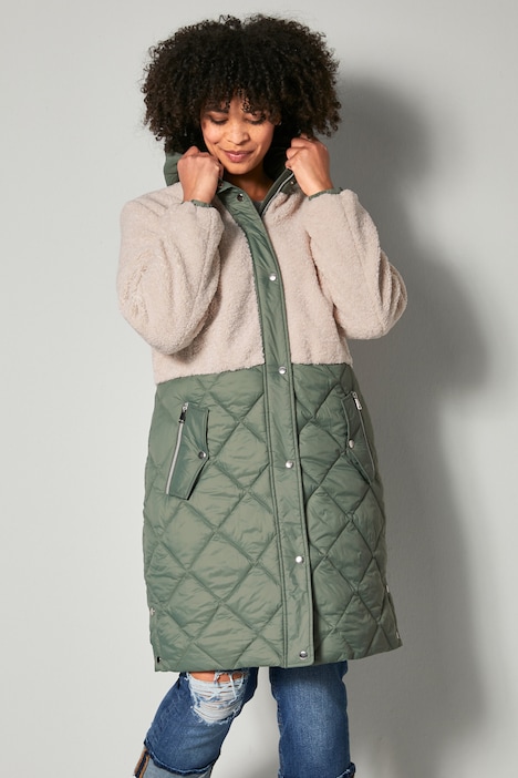 Steppjacke, Materialmix, Kapuze, Zipper, Seitenschlitze