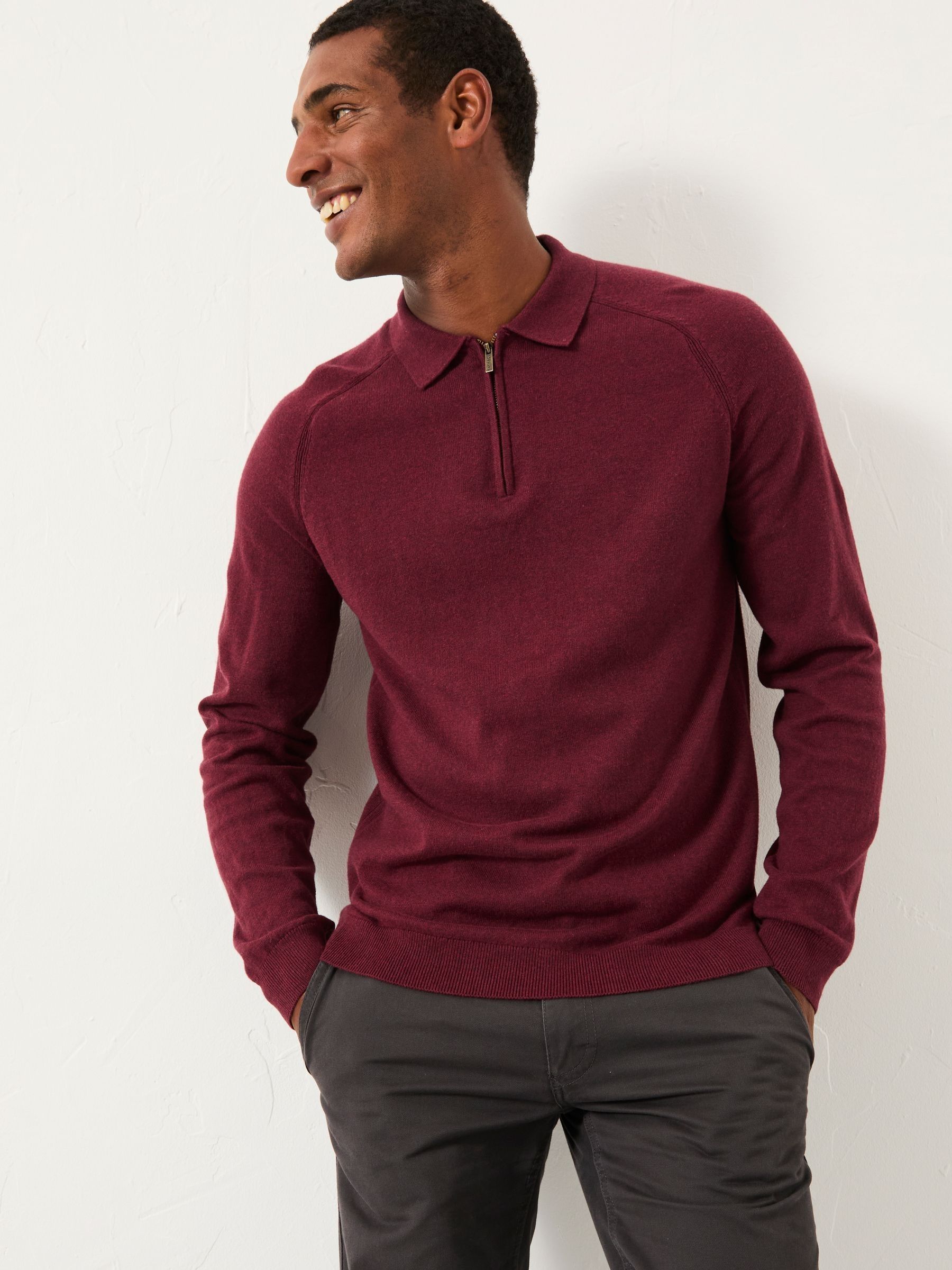 Bordeaurood - FatFace Zip Collar Knitted Polo Jumper