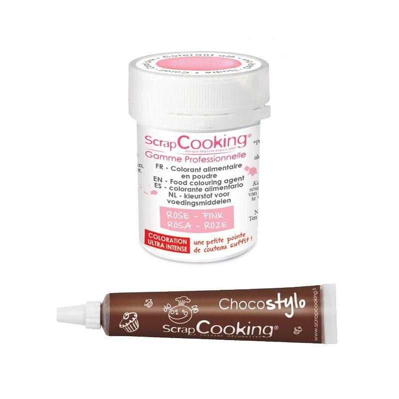 Colorant alimentaire en poudre rose poudré + Stylo chocolat Scrapcooki