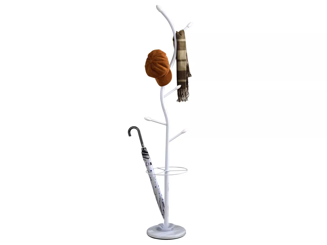 Porte-manteaux TRIANA portant à vêtements sur pied en forme d'arbre avec 6 crochets et un porte parapluie, métal laqué blanc et bois