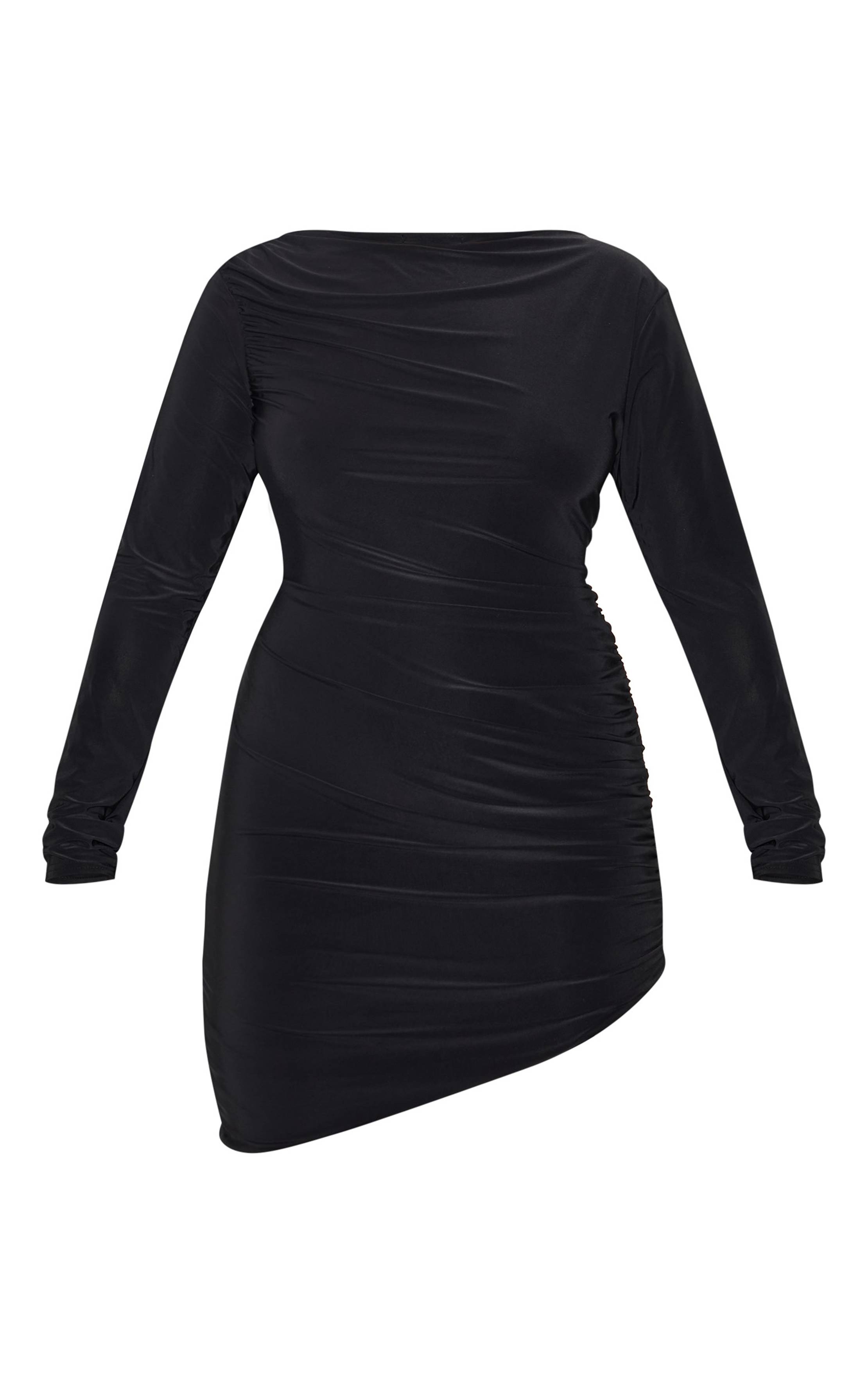Noir Robe Moulante Mini À Manches Longues Froncée En Jersey Double Épaisseur Grande Taille