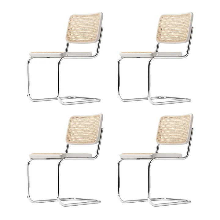 Thonet - S 32 V Stuhl, Chrom / Buche weiss lasiert (TP 200) / Rohrgeflecht mit Kunststoffstützgewebe (4er-Set)