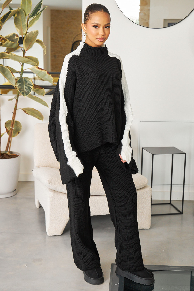 Ensemble 2 pièces pull + pantalon en maille noir/blanc