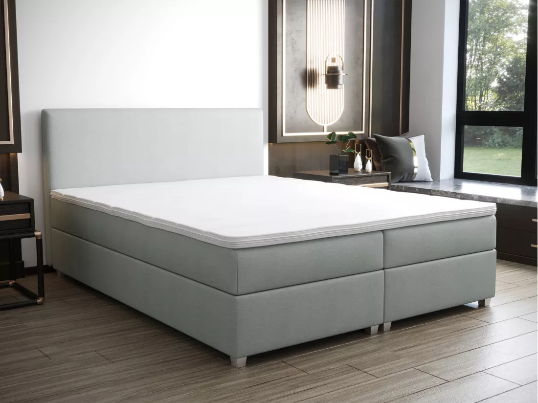 Ensemble complet boxspring tête de lit + sommier + matelas + surmatelas - 160 x 200 cm - Tissu - Gris clair - ONAN de YSMÉE