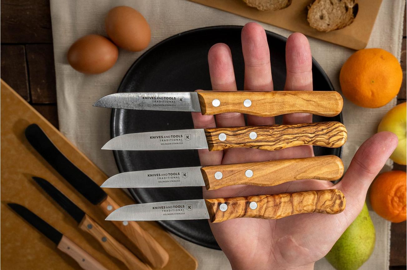 Knivesandtools Traditional Paring Knife, roestvast staal, olijfhout, 4-delige schilmessenset