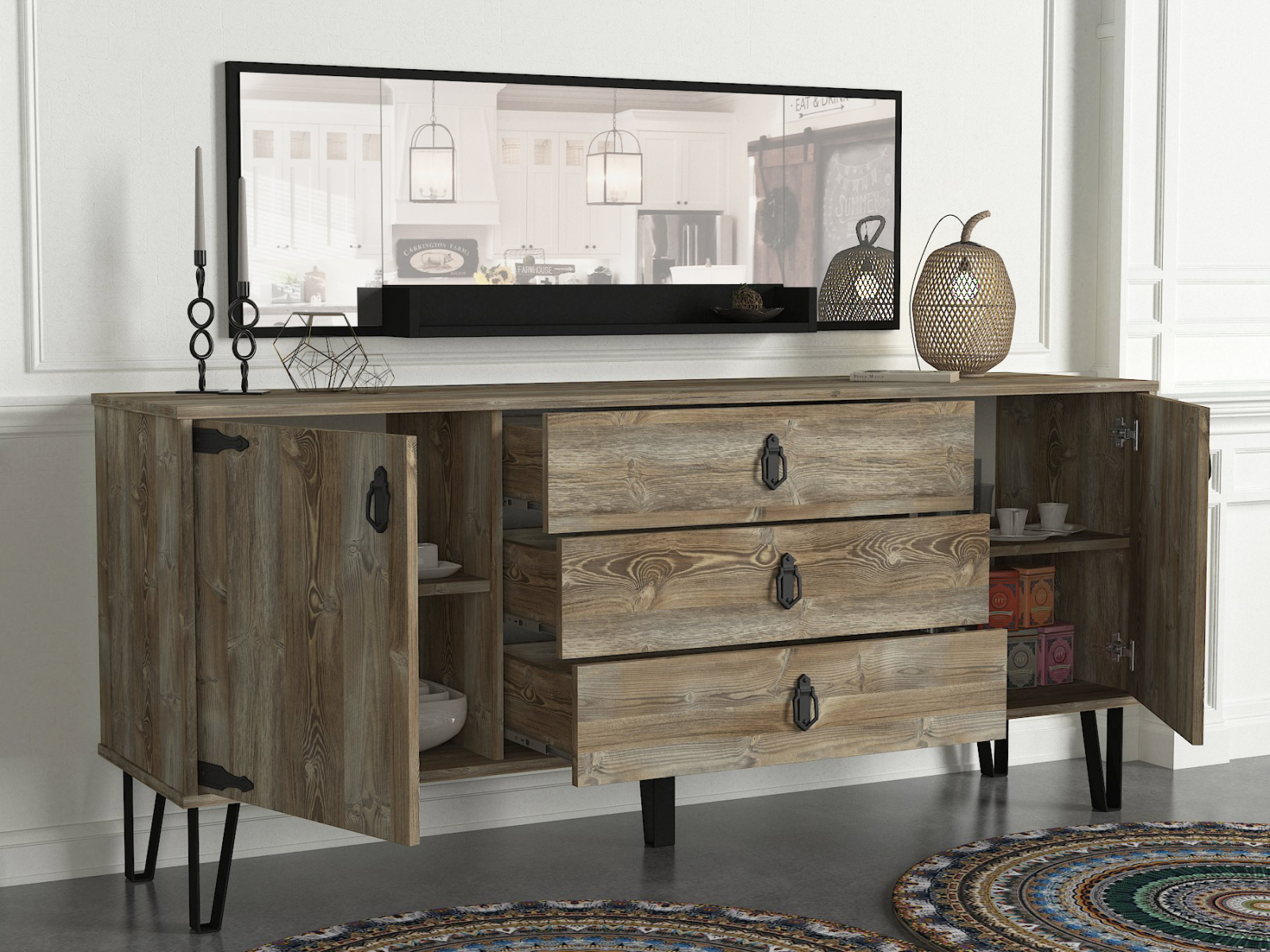 Sideboard mit Spiegel - Eiche-schwarz - 180 cm breit
